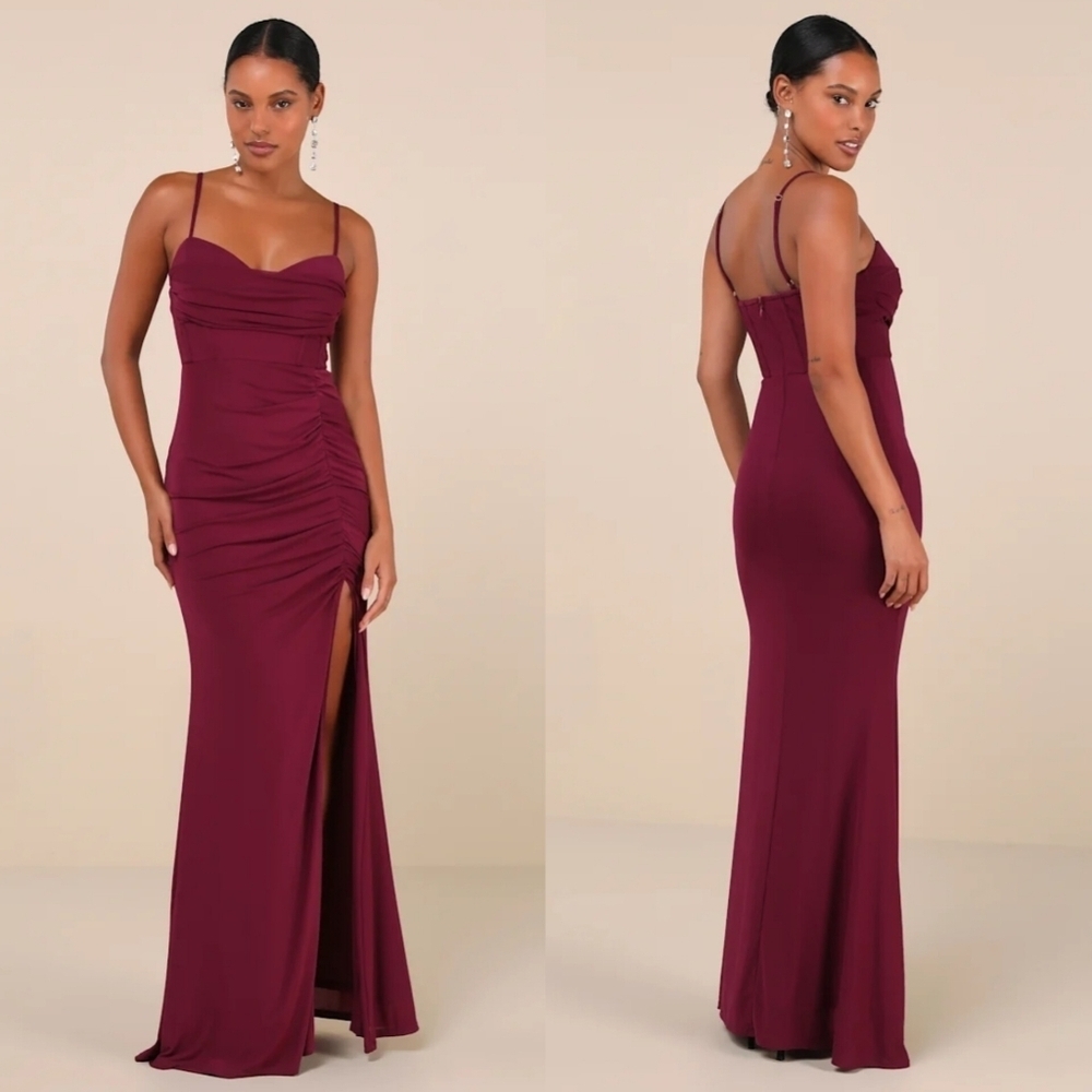 Lulus Flirty Composure Plum Purple Mesh Cowl Bustier Ruched Maxi Dress S Wedding
